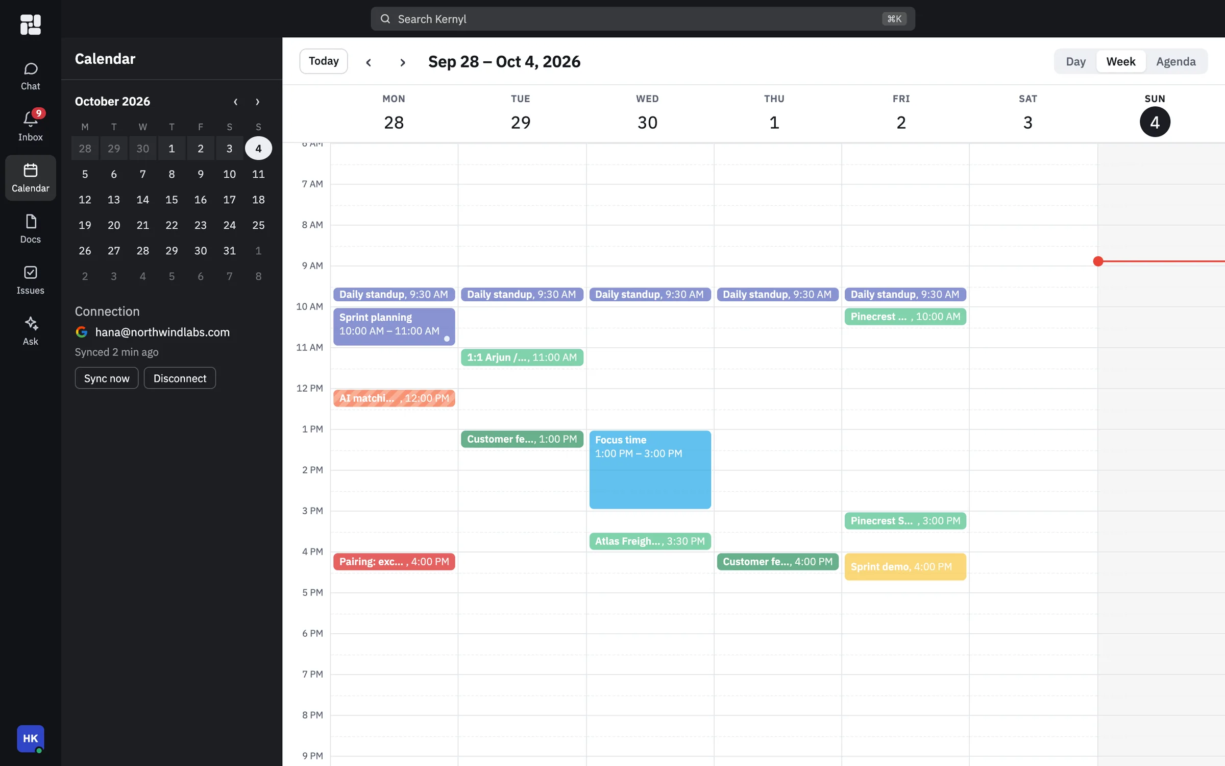 A week in Kernyl Calendar with daily standups, sprint planning, focus time and a sprint demo