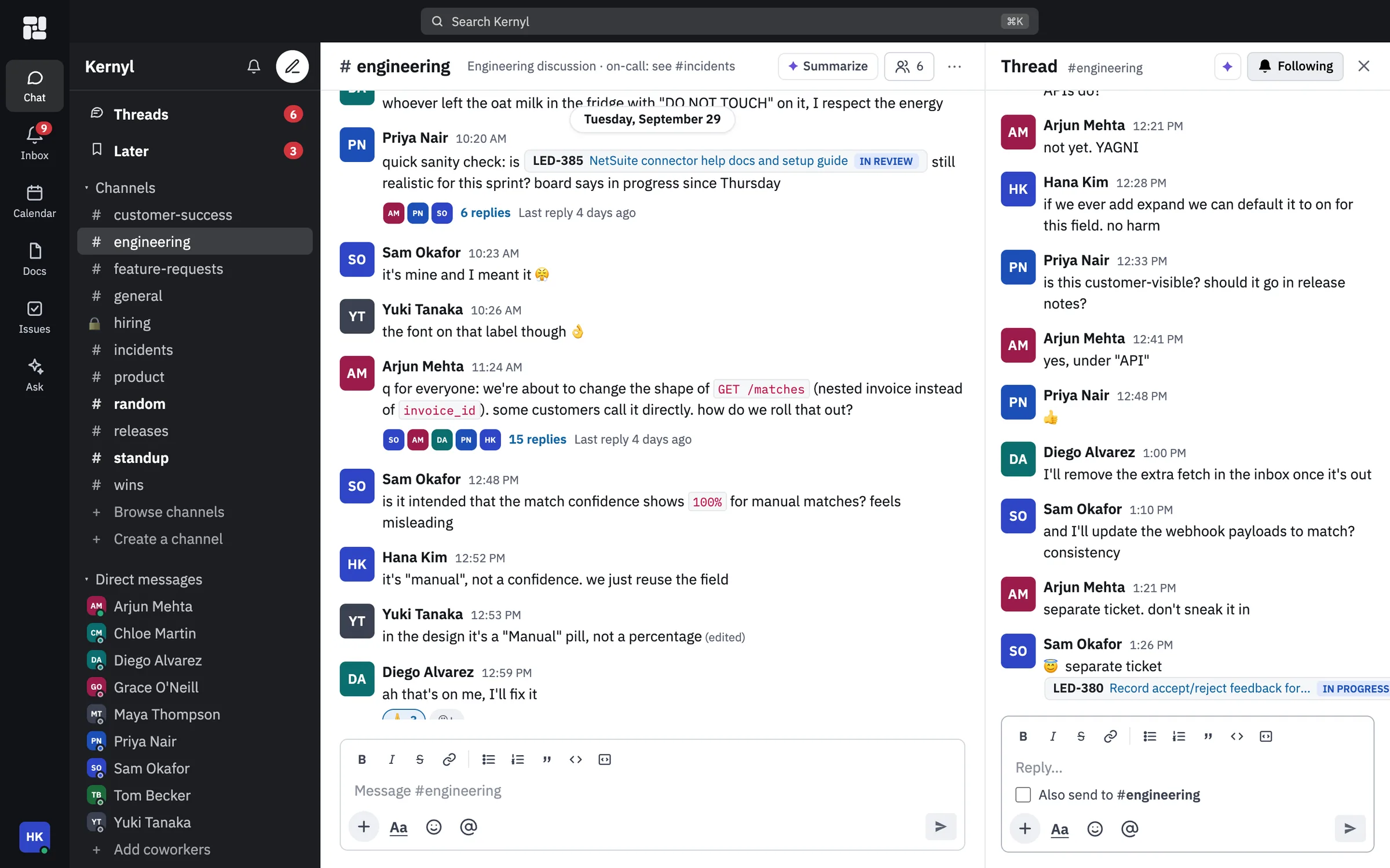Kernyl Chat: the #engineering channel with a thread open on the right, where the team agrees how to roll out an API change