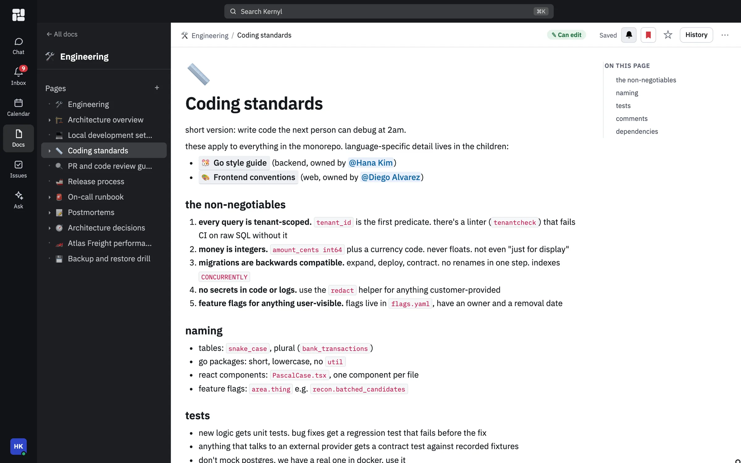 A Kernyl Docs page called Coding standards, with the Engineering space's page tree and an outline